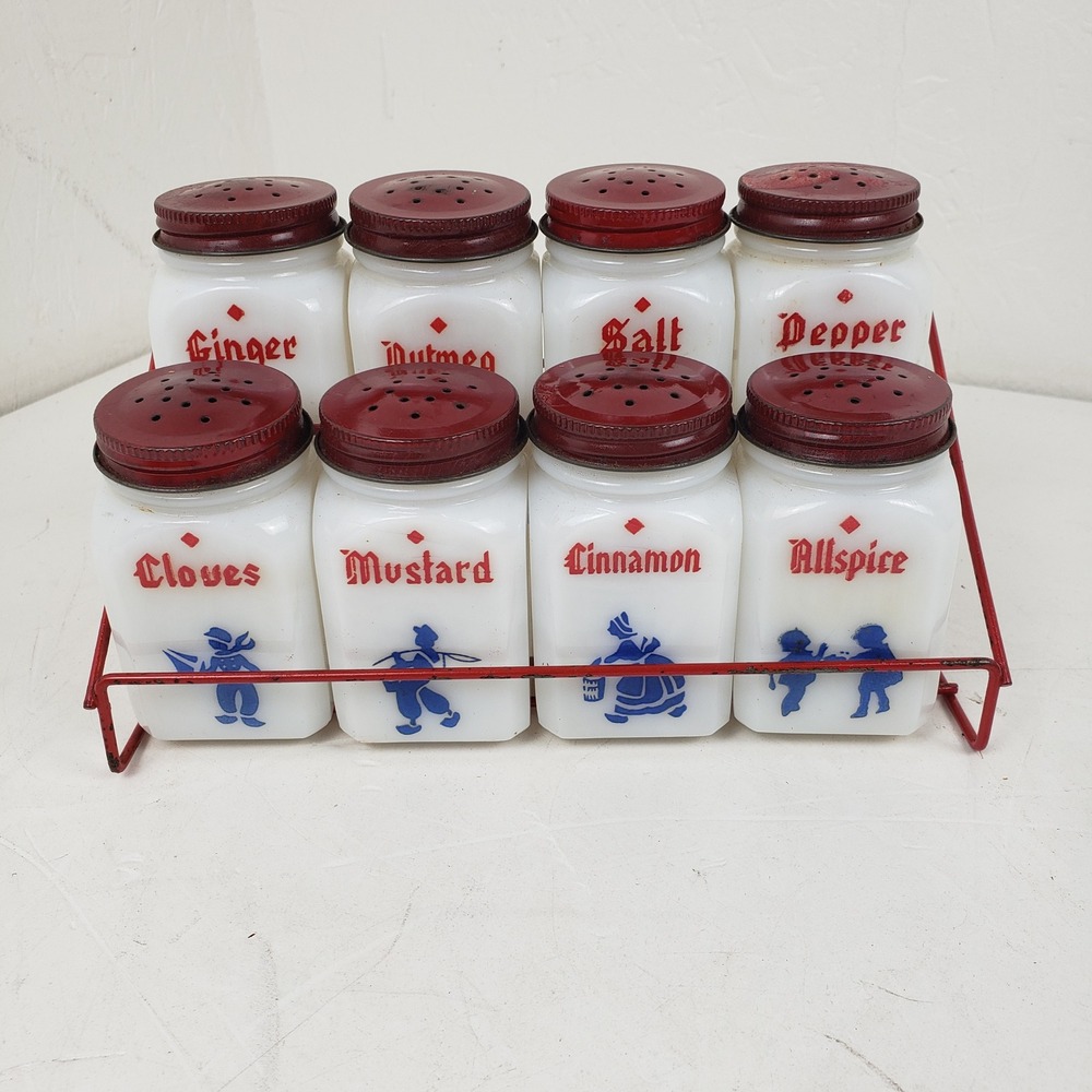 Vintage Milk Glass Spice Jar Set with Red Metal Rack Dutch Blue 8 Piece Shakers